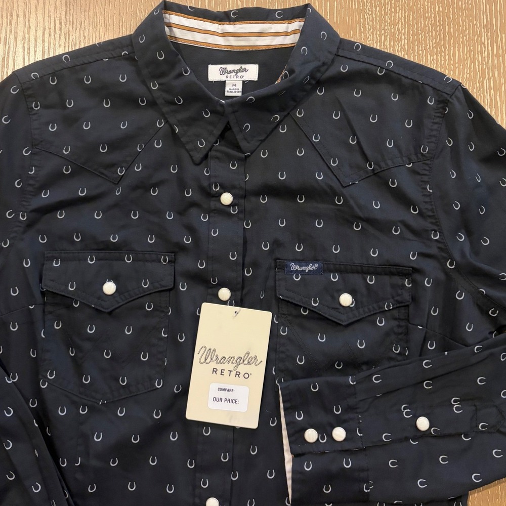 Wrangler Retro Womens Medium Black Horseshoe Print Pearl Snap Western Blouse NEW